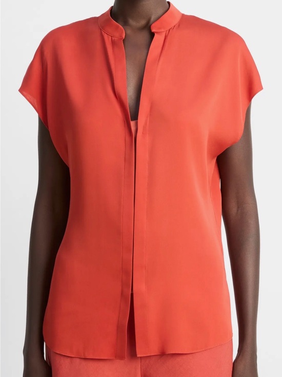 Vince Tops - Vince Coral Mandarin-Collar Cap-Sleeve Blouse